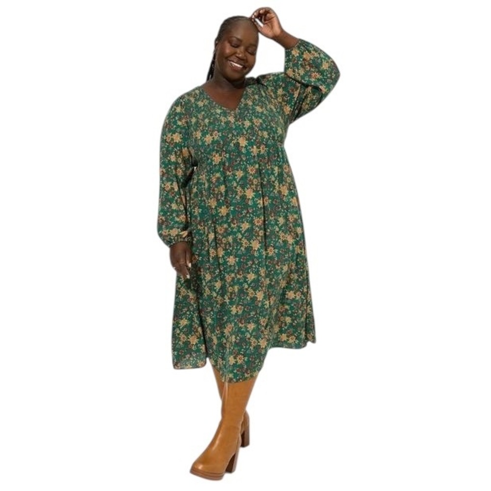 Torrid Plus Size 3X Midi Dress Guaze Smocked Long Sleeve Green Floral 423‎
